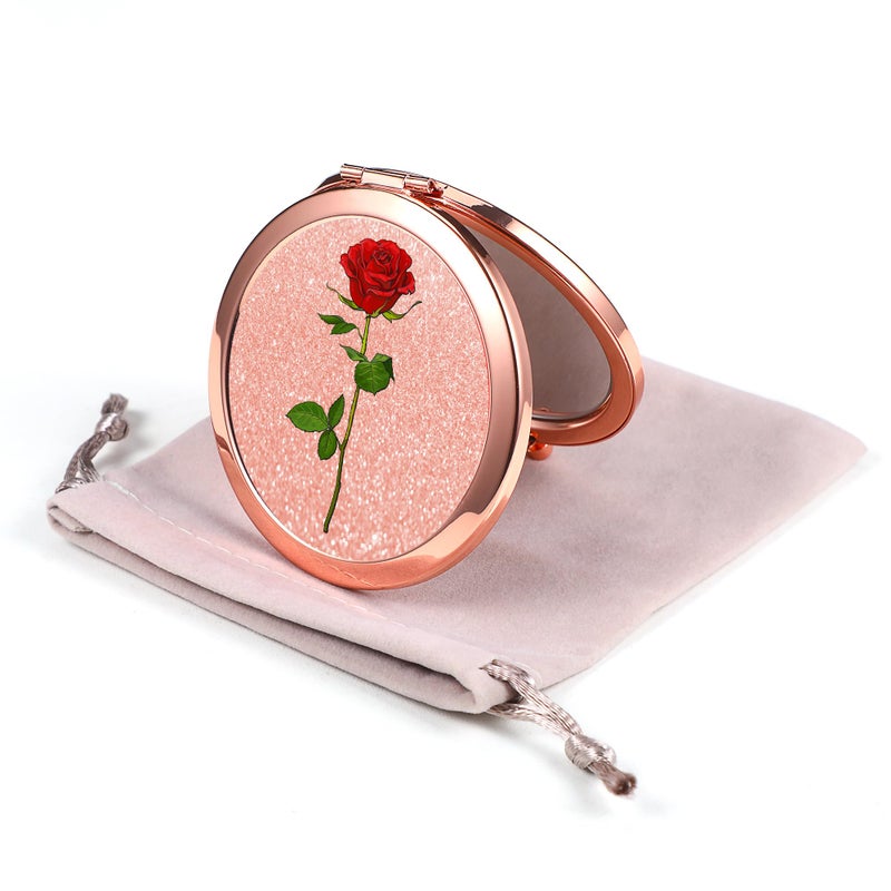 Dynippy Compact Mirror Rose Gold Makeup Mirror Folding Mini Pocket Mirror Portable Hand Mirror Double-Sided 2 x 1x Magnification for Woman Girls A-Red Rose - Image 1